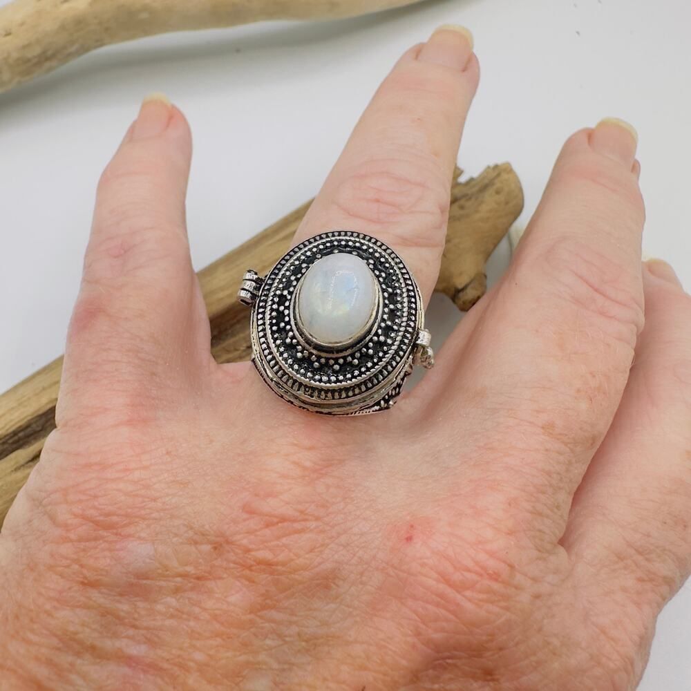 Rainbow Moonstone Poison Ring 925 Silver Plated